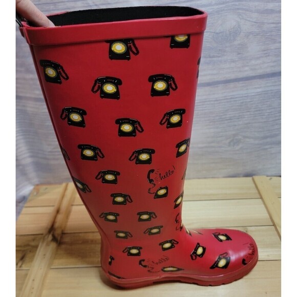 Anthropologie "Colloquial Rain Boots" in Call Me, Red, Telephone Print - Picture 7 of 11